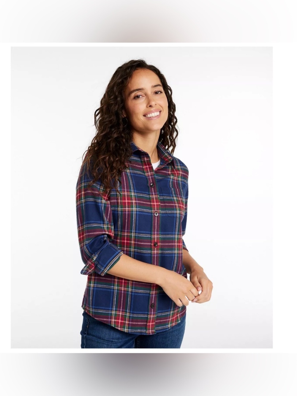 L.L. Bean Scotch Plaid Flannel Shirt Relaxed Fit Plaid Check Navy Red M NWT